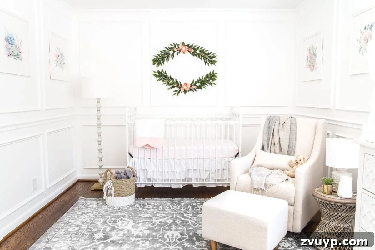 Our Home's Two Year Evolution A Before and After Tour 47 After shot of Regan's white floral nursery, featuring a cozy crib, soft textiles, and delicate botanical wallpaper accents.