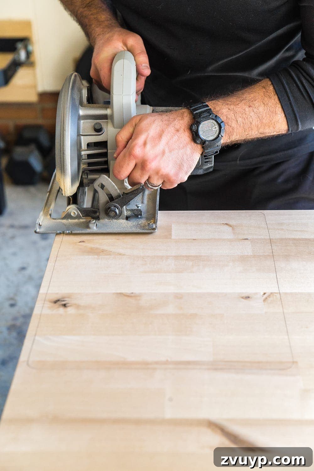 Crafting Custom Cutting Boards from Leftover Wood 6 Cutting straight edges of a DIY cutting board with a circular saw.