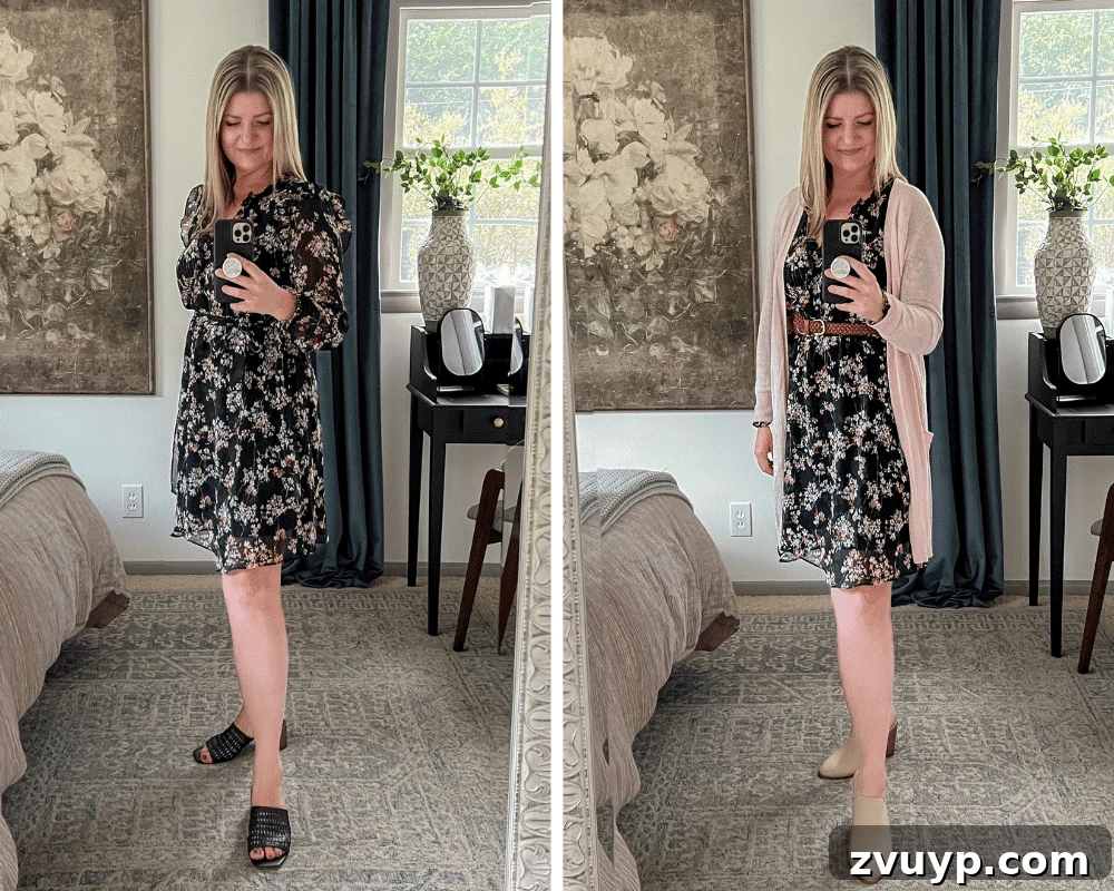 Smooth Silhouette: 10 Fashion Tricks to Flatter Your Mom Belly 12 styling a dress to hide tummy with belt and cardigan