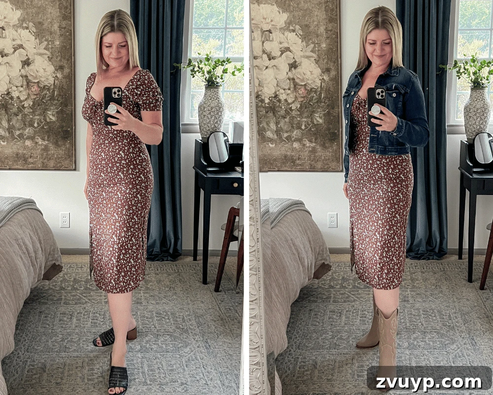 Smooth Silhouette: 10 Fashion Tricks to Flatter Your Mom Belly 13 styling a dress to hide belly with cropped jacket