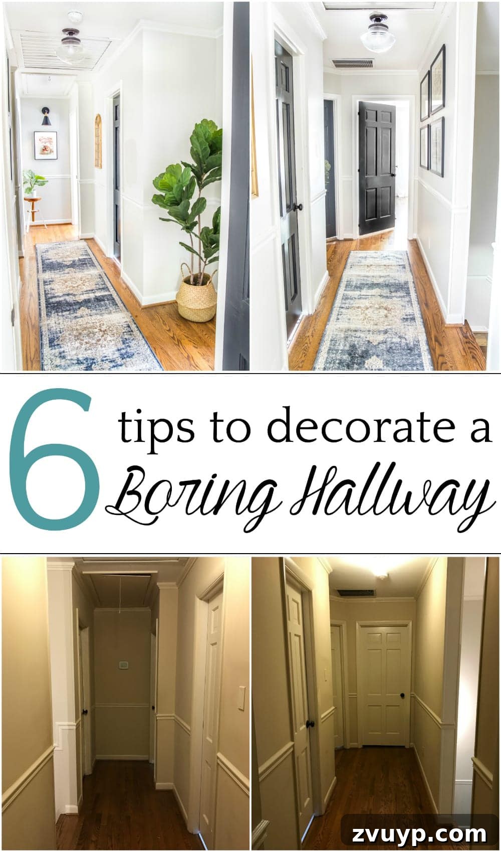 Stylish Solutions for Skinny Hallways 2 6 Hallway Decor Ideas | DIY and decorating ideas to add interest to a boring window-less hallway + thrifting project tutorials and free printables to pull it off inexpensively.