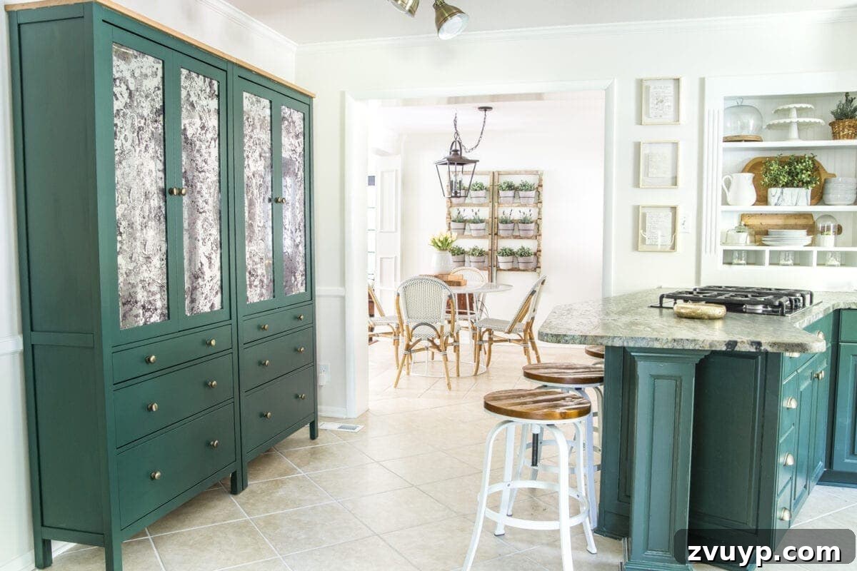 IKEA Hemnes Pantry Hack 20 Kitchen showcasing custom painted cabinets in Sherwin Williams Billiard and Benjamin Moore Simply White