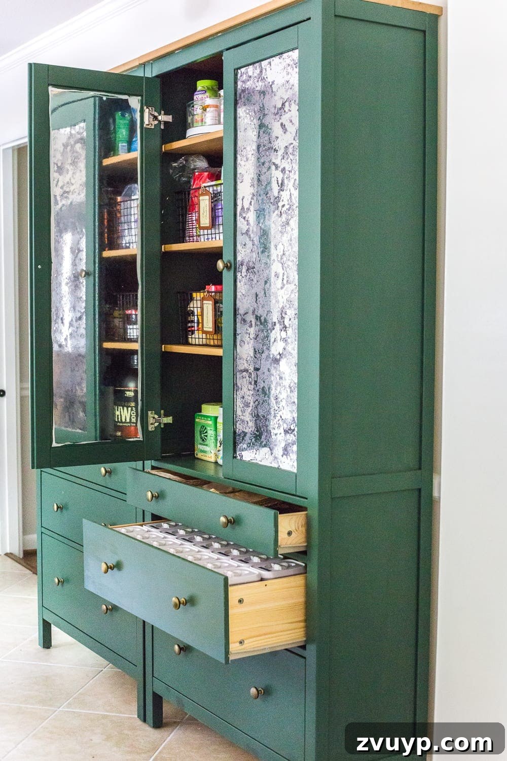 IKEA Hemnes Pantry Hack 3 Organized interior of an IKEA Hemnes freestanding pantry cupboard