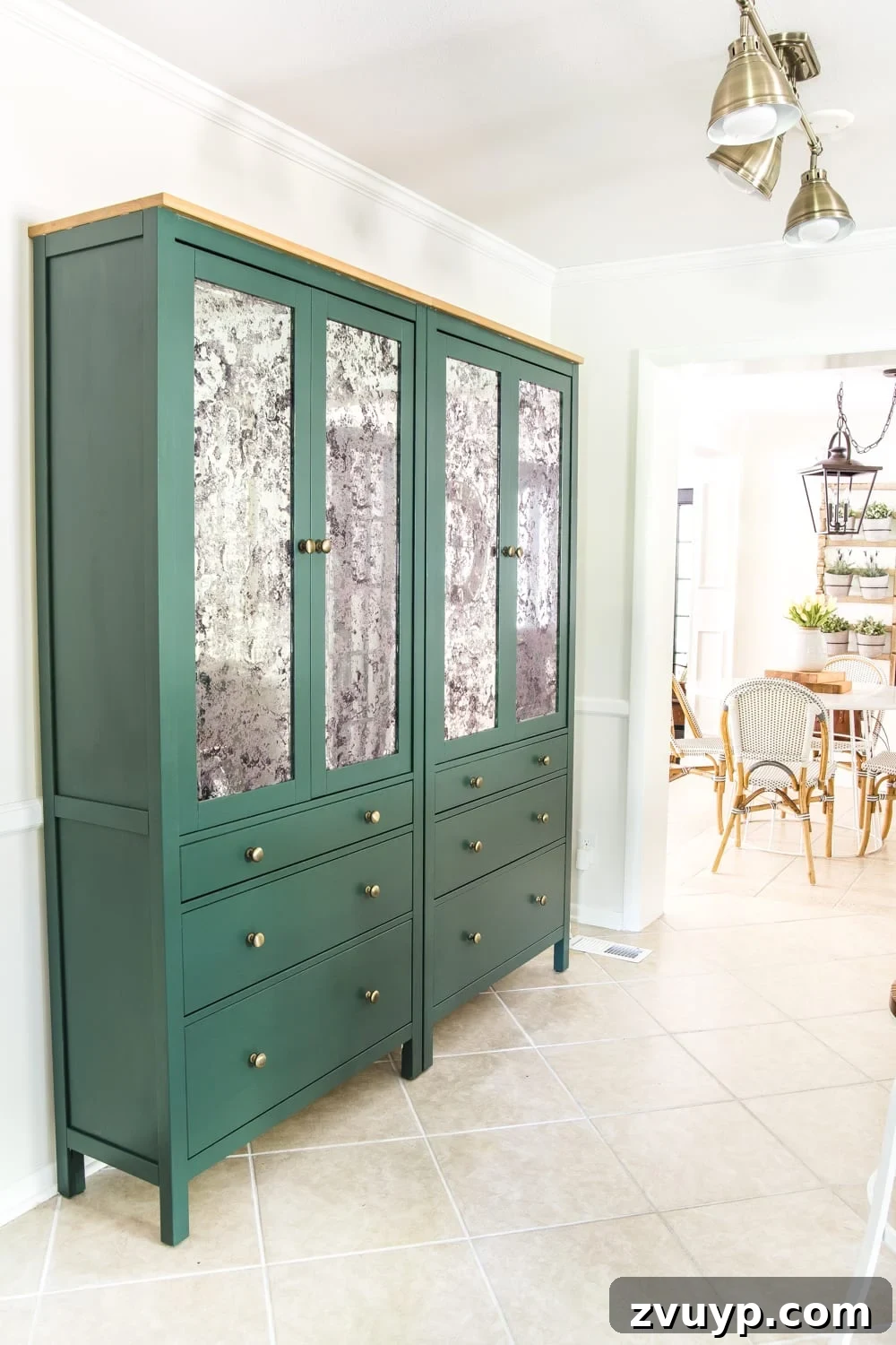 IKEA Hemnes Pantry Hack 21 Close-up of IKEA Hemnes pantry cabinet featuring antique mirror window film and Sherwin Williams Billiard paint