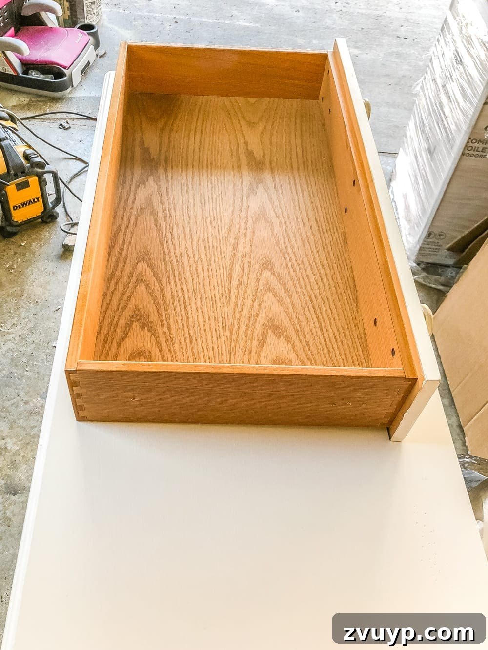 Upgrade Your Console Table to a Stunning Bathroom Vanity 5 Collection of tools and materials laid out for a DIY console table to bathroom vanity conversion.