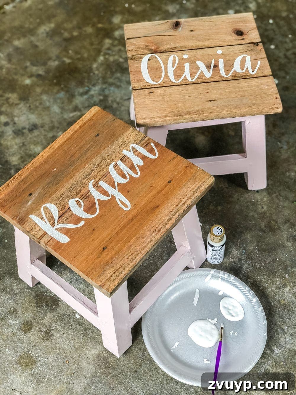 Your Custom Step Stool Creations 11 DIY Personalized Step Stools | blesserhouse.com - One easy trick to personalize any piece of wood to paint names and designs on signs and furniture inexpensively. #personalizedstepstool #diysign #diymonogram