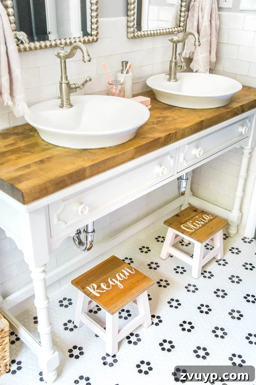 Your Custom Step Stool Creations 16 DIY Personalized Step Stools | blesserhouse.com - One easy trick to personalize any piece of wood to paint names and designs on signs and furniture inexpensively. #personalizedstepstool #diysign #diymonogram