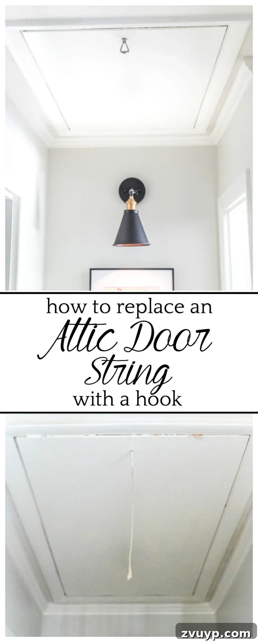 Upgrade Attic Door String to a Hook 11 Pinterest graphic: How to Replace an Attic Door String with a Hook for a Clean Hallway Look. blesserhouse.com