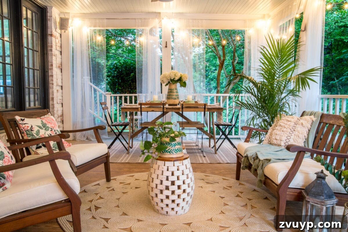 Bohemian Summer Sanctuary 16 Overview of a summer tropical boho back porch, showcasing functional design and inviting decor.