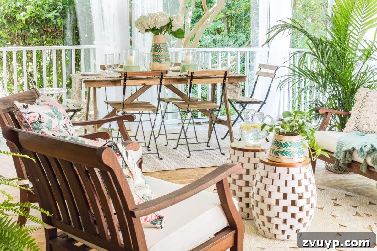 Bohemian Summer Sanctuary 4 A tropical boho back porch decorated for summer with breezy, functional style from Walmart's Flower Home line by Drew Barrymore and string lights for evening ambience.
