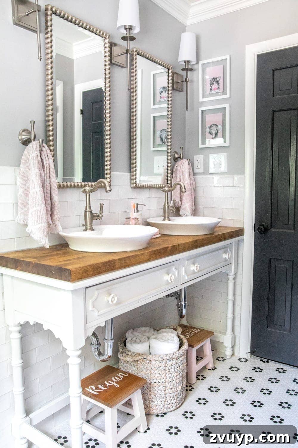 Unveiling the Ultimate Kids Bathroom Makeover 14 Open console table vanity with vessel sinks, Quentin faucets, and step stools
