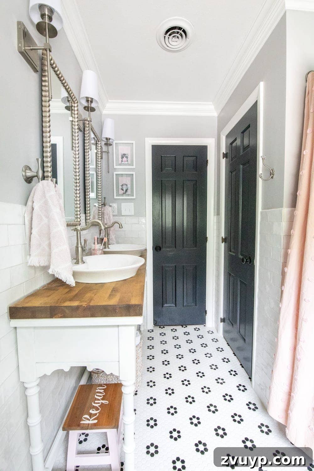 Unveiling the Ultimate Kids Bathroom Makeover 21 Whimsical kids bathroom with retro floral floor tile and open vanity