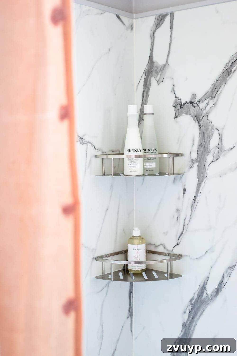 Unveiling the Ultimate Kids Bathroom Makeover 10 Two separate faux marble shower shelves for kids' toiletries