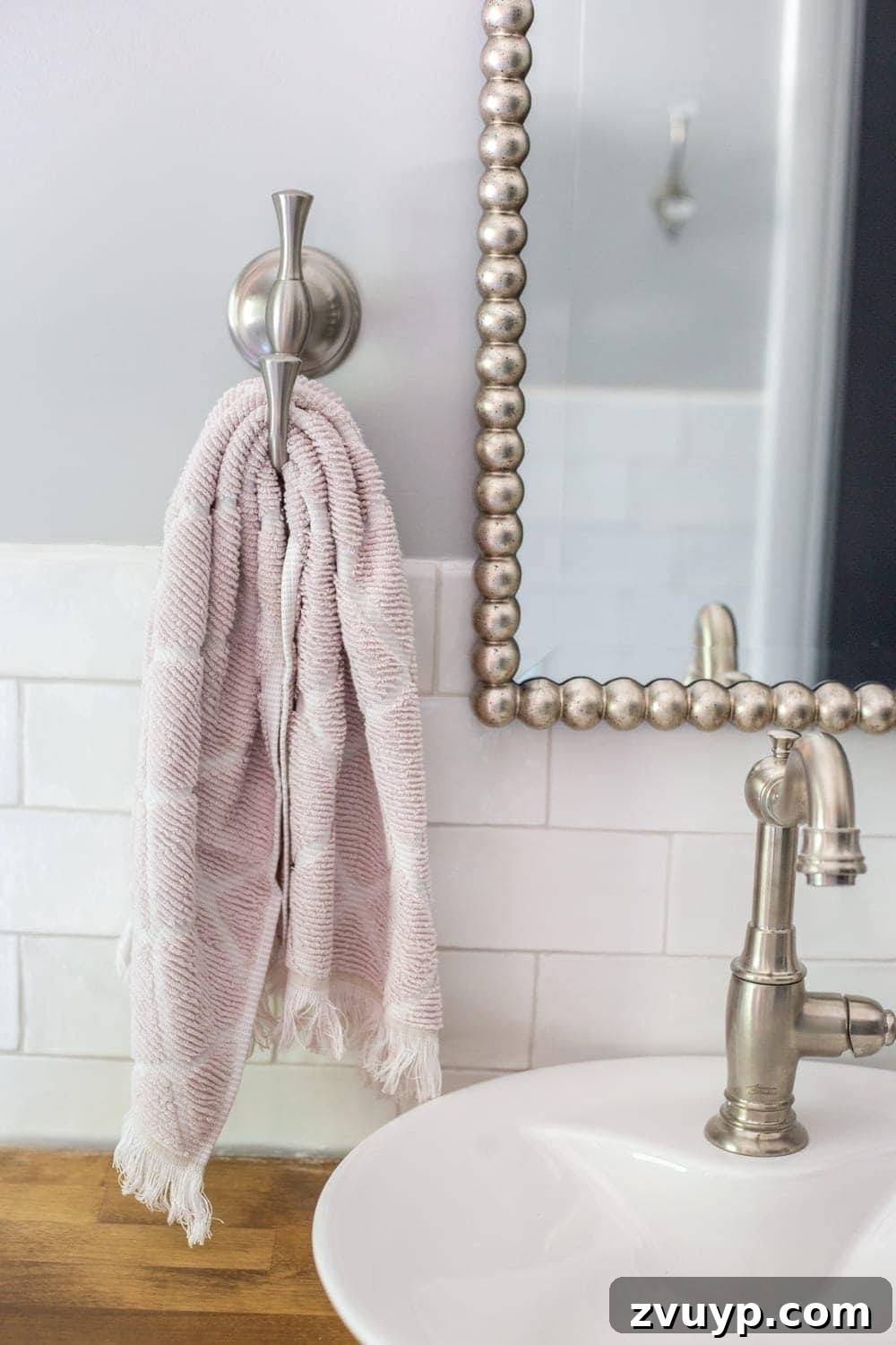 Hand Towel Hooks: Practical solution for kids' bathroom, with beaded mirror and vessel sink
