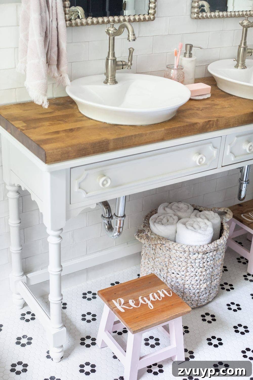 DIY Bathroom Vanity: Console table converted with vessel sinks and personalized step stools for kids