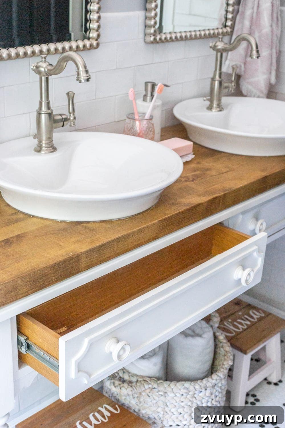 Chic Bathroom Vanity: Converted console table with elegant vessel sinks and sleek design