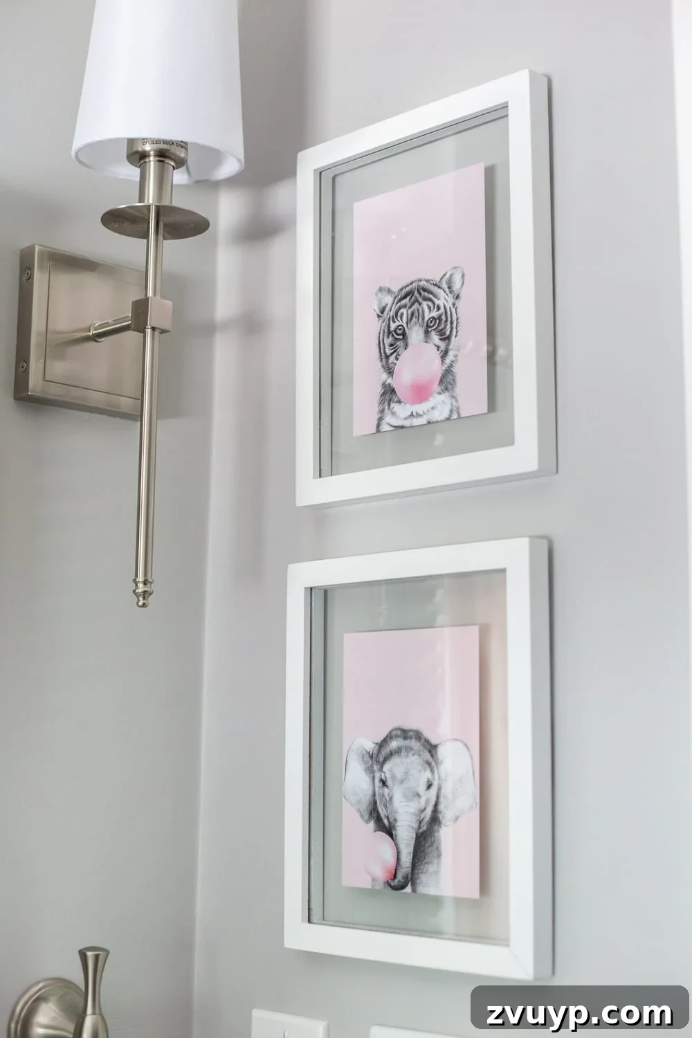 Charming Kids' Bathroom Art: Tiger and elephant blowing bubbles prints in white float frames