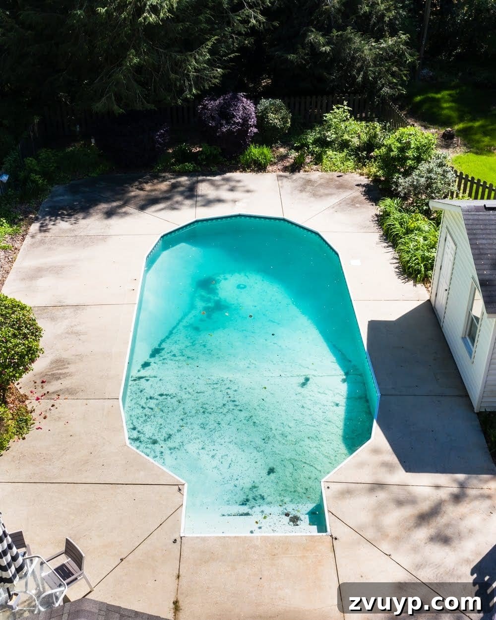 Our Pool's Stunning Liner Transformation 17 Swimming Pool Liner Makeover Reveal - before pool liner replacement, aerial view