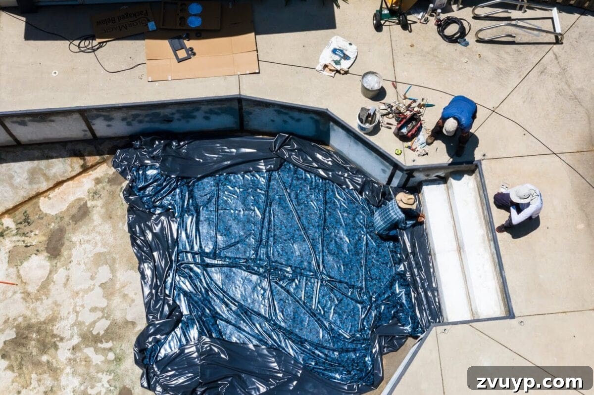 Our Pool's Stunning Liner Transformation 19 Swimming Pool Liner Makeover Reveal - vinyl liner replacement completed, aerial view