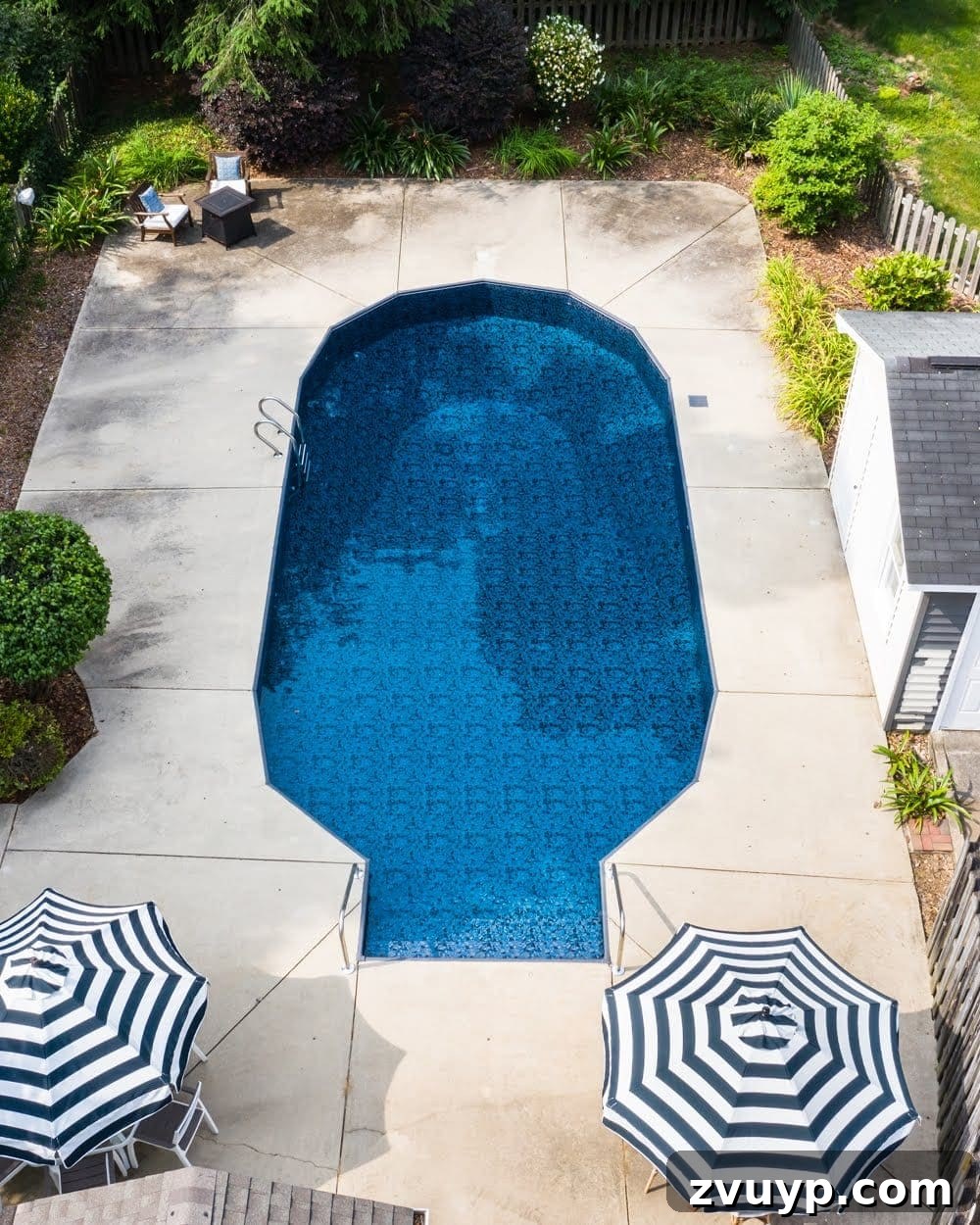 Our Pool's Stunning Liner Transformation 20 Swimming Pool Liner Makeover Reveal - Obsidian liner from GLI Pool Products TrueStone Collection, aerial view