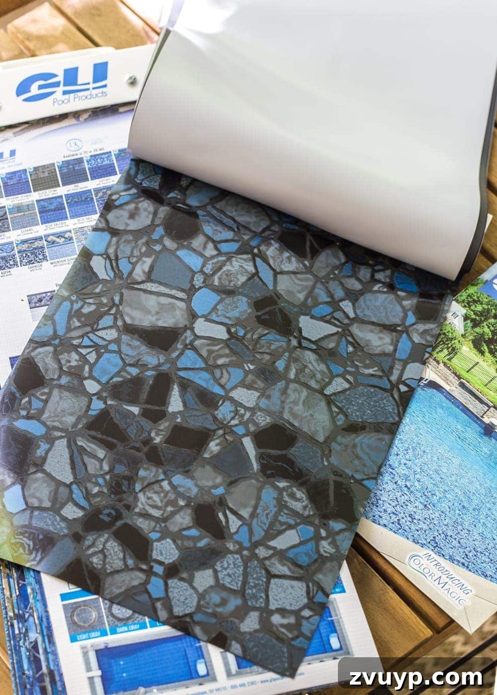Our Pool's Stunning Liner Transformation 7 GLI Pool Products TrueStone Collection Obsidian vinyl pool liner - close up