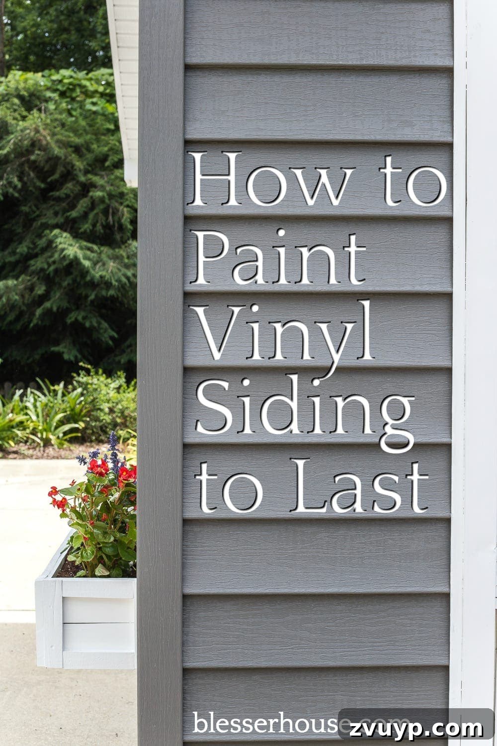 Refresh Your Exterior: Vinyl Siding Painting and Pool Shed Makeover 10 Pinterest pin: The best solution for painting vinyl siding to make it last and an inexpensive exterior pool shed makeover using Sherwin Williams VinylSafe paint and DIY projects. #poolshed #paintvinylsiding #DIYmakeover