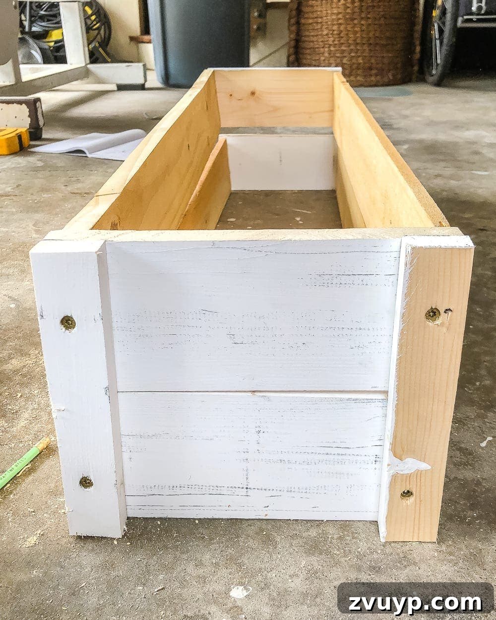 From Scraps to Blooms Window Box 13 Adding 1x2 trim to DIY window box