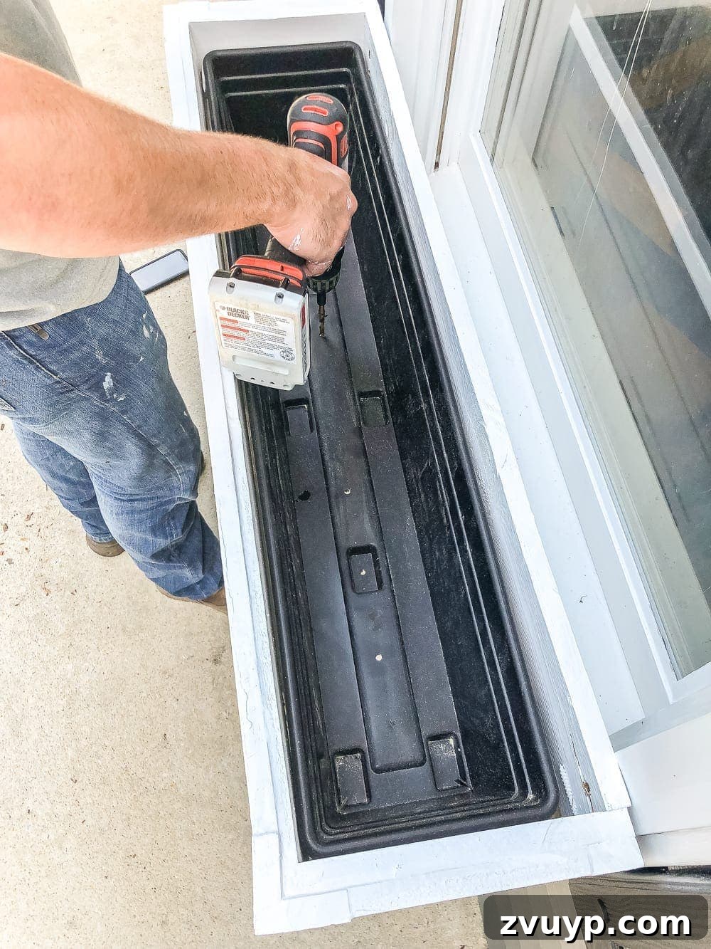 From Scraps to Blooms Window Box 22 Drilling drainage holes in DIY window box liner