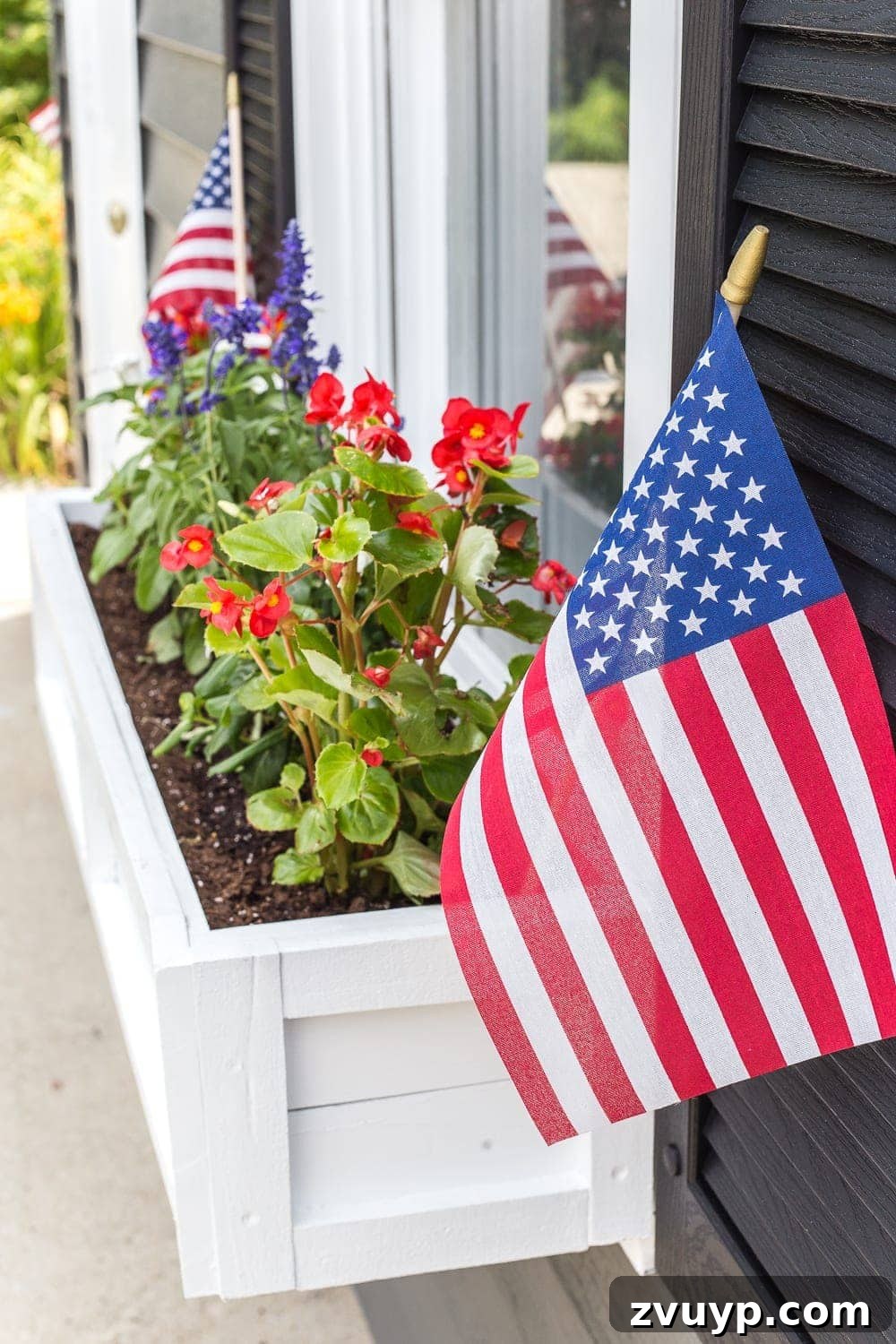 From Scraps to Blooms Window Box 23 Finished DIY window box with patriotic flowers for July 4th
