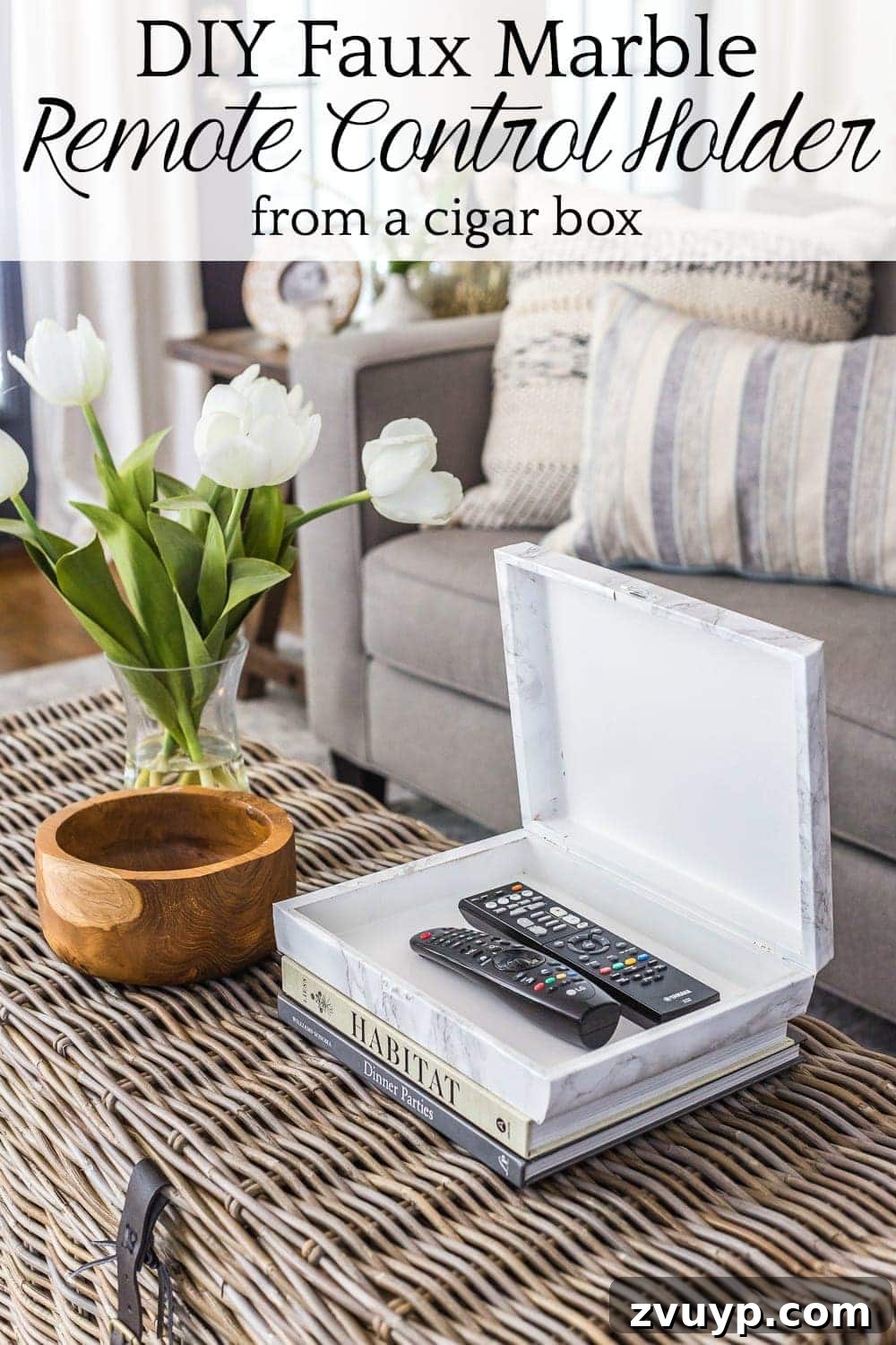 Cigar Box to Chic Faux Marble Remote Organizer 11 Pinterest-friendly image for a DIY marble contact paper remote control holder from a cigar box.