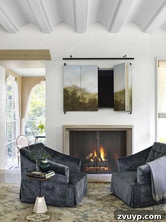 Beyond the Screen: Creative Ways to Style Your TV Area 12 TV hidden behind a large, hinged artwork acting as a decorative cover.