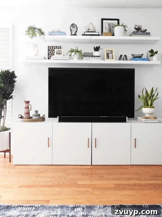 Beyond the Screen: Creative Ways to Style Your TV Area 14 Floating shelves installed above a TV for a budget-friendly built-in aesthetic.