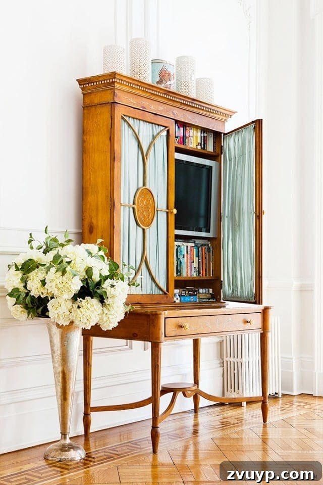 Beyond the Screen: Creative Ways to Style Your TV Area 15 TV discreetly placed inside an antique secretary desk, blending technology with vintage furniture.