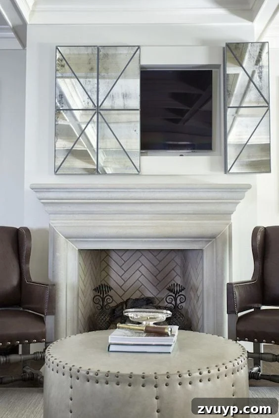 Beyond the Screen: Creative Ways to Style Your TV Area 10 Accordion-style hinged mirrors cleverly hiding a television in a chic living room.