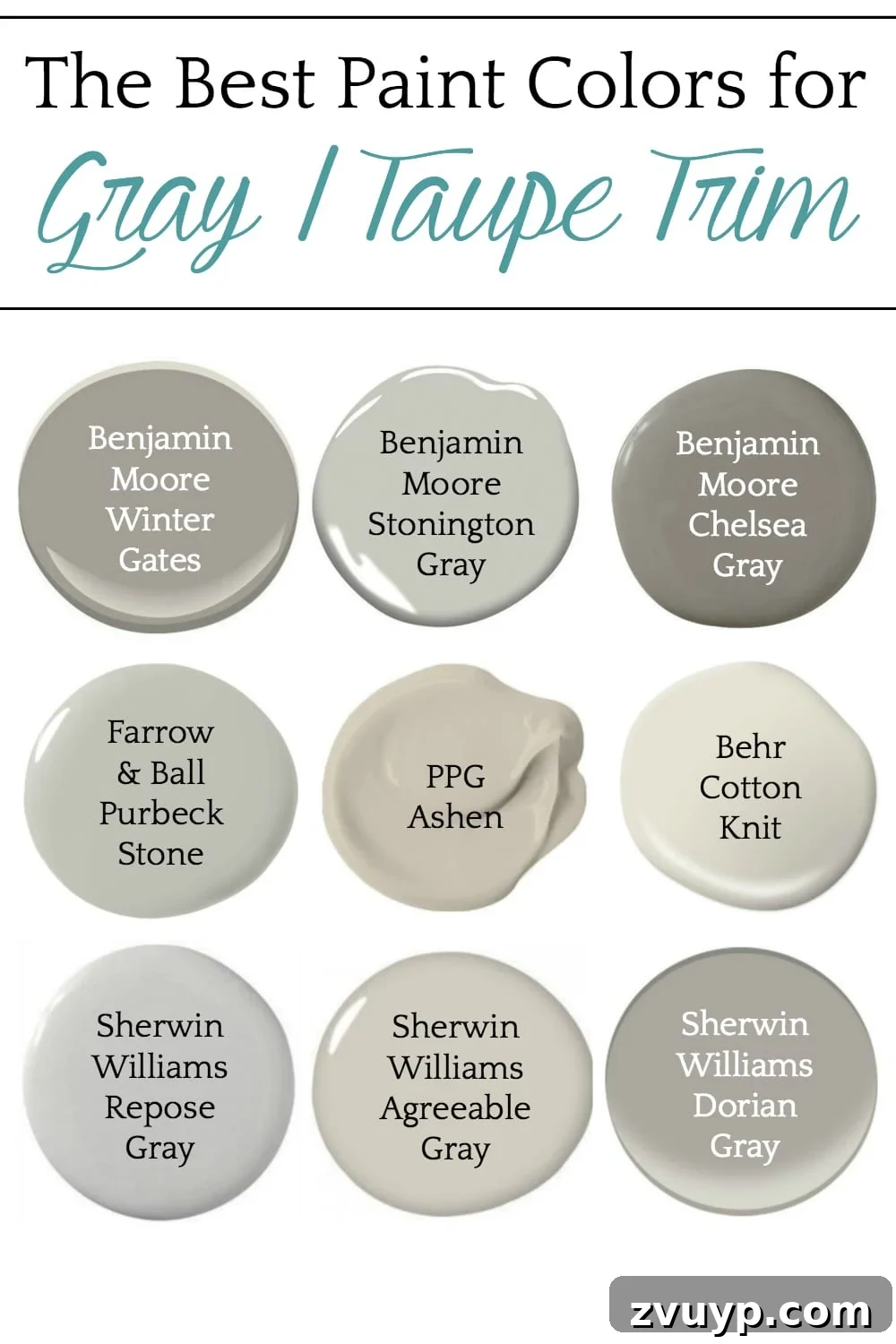 Stylish Shades to Pair with Gray Trim 10 A round-up of taupe and gray trim paint inspirations for a modern-meets-classic look and the best paint colors to pull it off. #graytrim #taupetrim