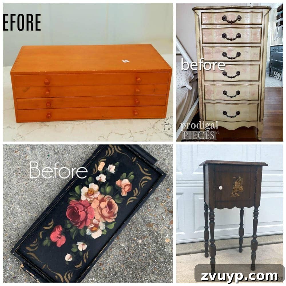 Giving an Old Writing Desk a New Story 7 Trash to Treasure collage featuring four different DIY makeovers