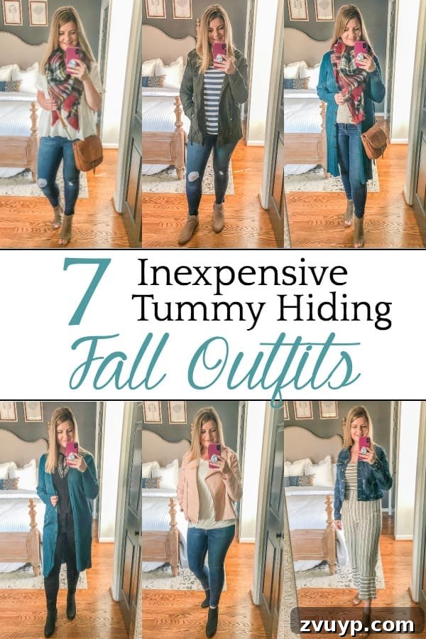 7 Stylish & Affordable Fall Outfits for a Flawless Fit 2 7 Inexpensive Tummy Hiding Fall Outfits | 7 fall outfit ideas and tummy pooch hiding tricks for postpartum / post-menopausal bodies, plus fashion staples that can be mixed and matched.