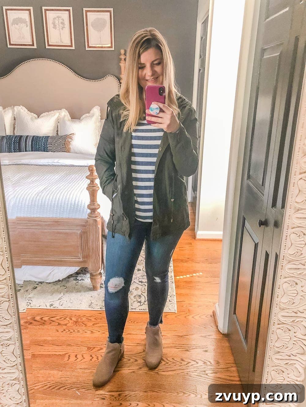 7 Stylish & Affordable Fall Outfits for a Flawless Fit 7 7 Inexpensive Tummy Hiding Mom Friendly Fall Outfits - pullover, distressed jeans, utility jacket, booties