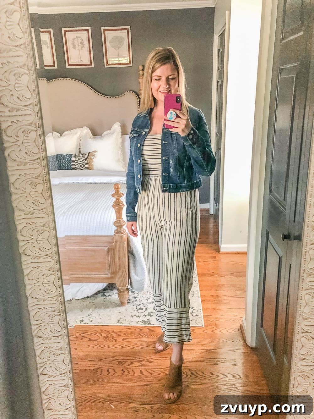 7 Stylish & Affordable Fall Outfits for a Flawless Fit 5 7 Inexpensive Tummy Hiding Mom Friendly Fall Outfits - fall jumpsuit with denim jacket and booties