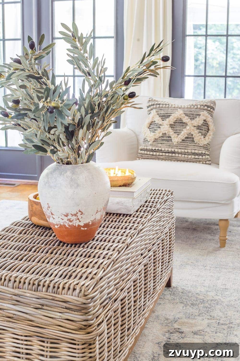 Shop Neutral Fall Faux Greenery Deals at Wayfair and Birch Lane 7 Beautiful faux olive branches styled for neutral fall decor, easily transitioning to winter and Christmas with minimal additions, showcasing versatility.