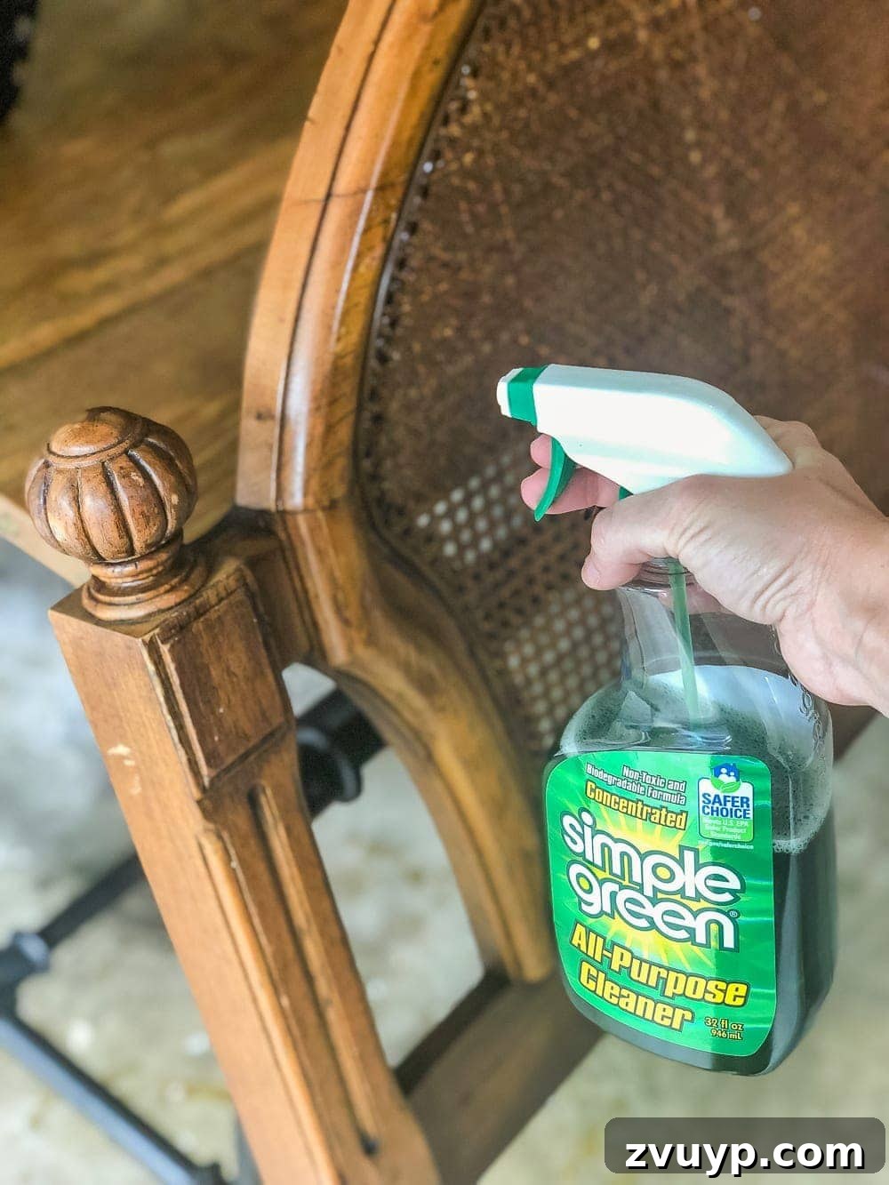 Revitalizing Old Cane Furniture 3 How to get stale cigarette smell and tar out of furniture using Simple Green. Shows before and after cleaning residue.