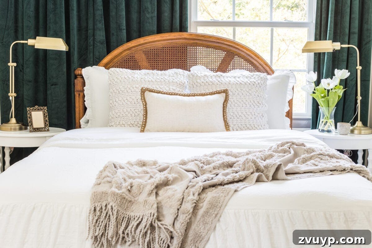 Revitalizing Old Cane Furniture 5 Guest bedroom makeover with linen skirted vintage style bedding and thrifted cane headboard, showcasing a cozy and elegant design.