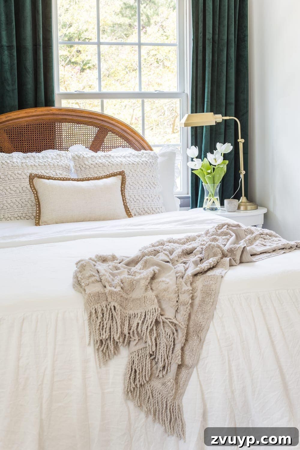 Revitalizing Old Cane Furniture 7 Guest bedroom makeover with linen skirted vintage style bedding and thrifted cane headboard, showing the full bedroom view.