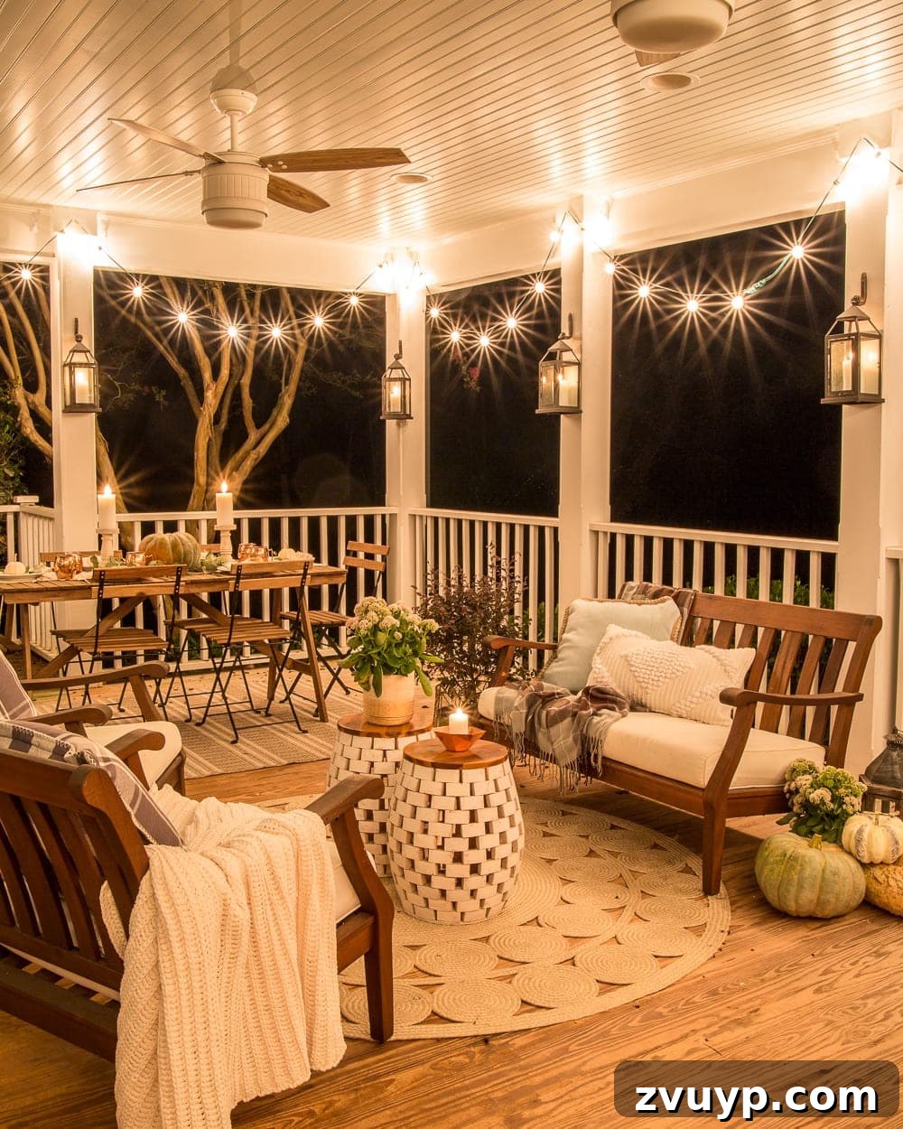 Cozy Fall Porch: Crafting Your Capsule Decor Style 14 Fall Back Porch at Night | How to style your outdoor spaces for autumn using capsule decor items that will last throughout the seasons and get the most bang for your buck.