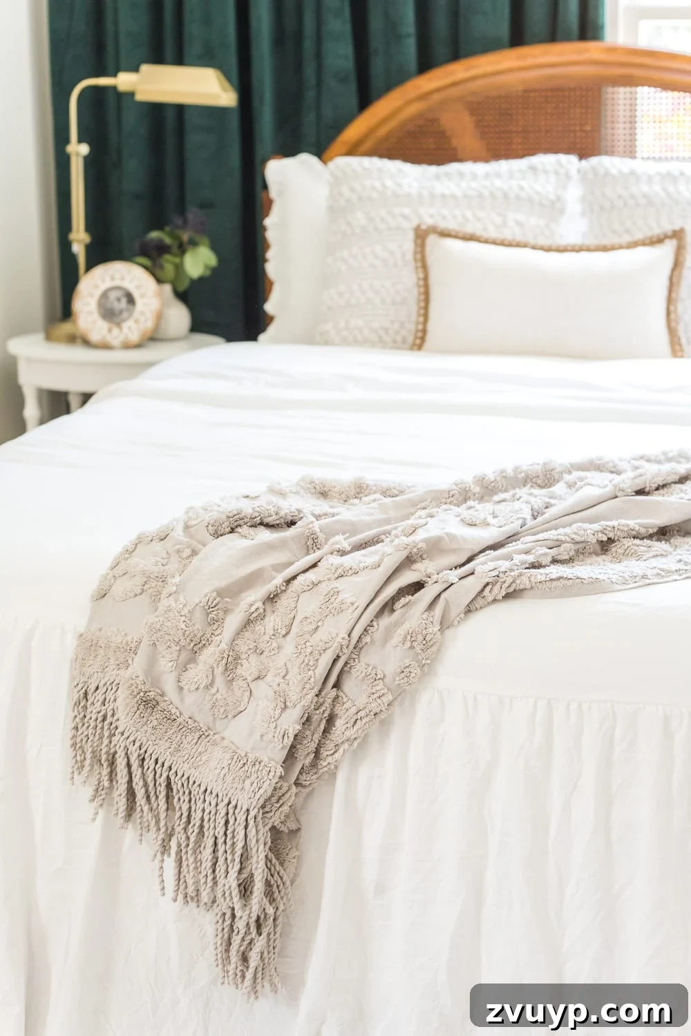A boring guest bedroom gets a luxe, vintage chic makeover using thrifty projects, budget finds, and simple decorating tricks to maximize style and space. Beautifully styled bedding from Walmart on the queen bed.