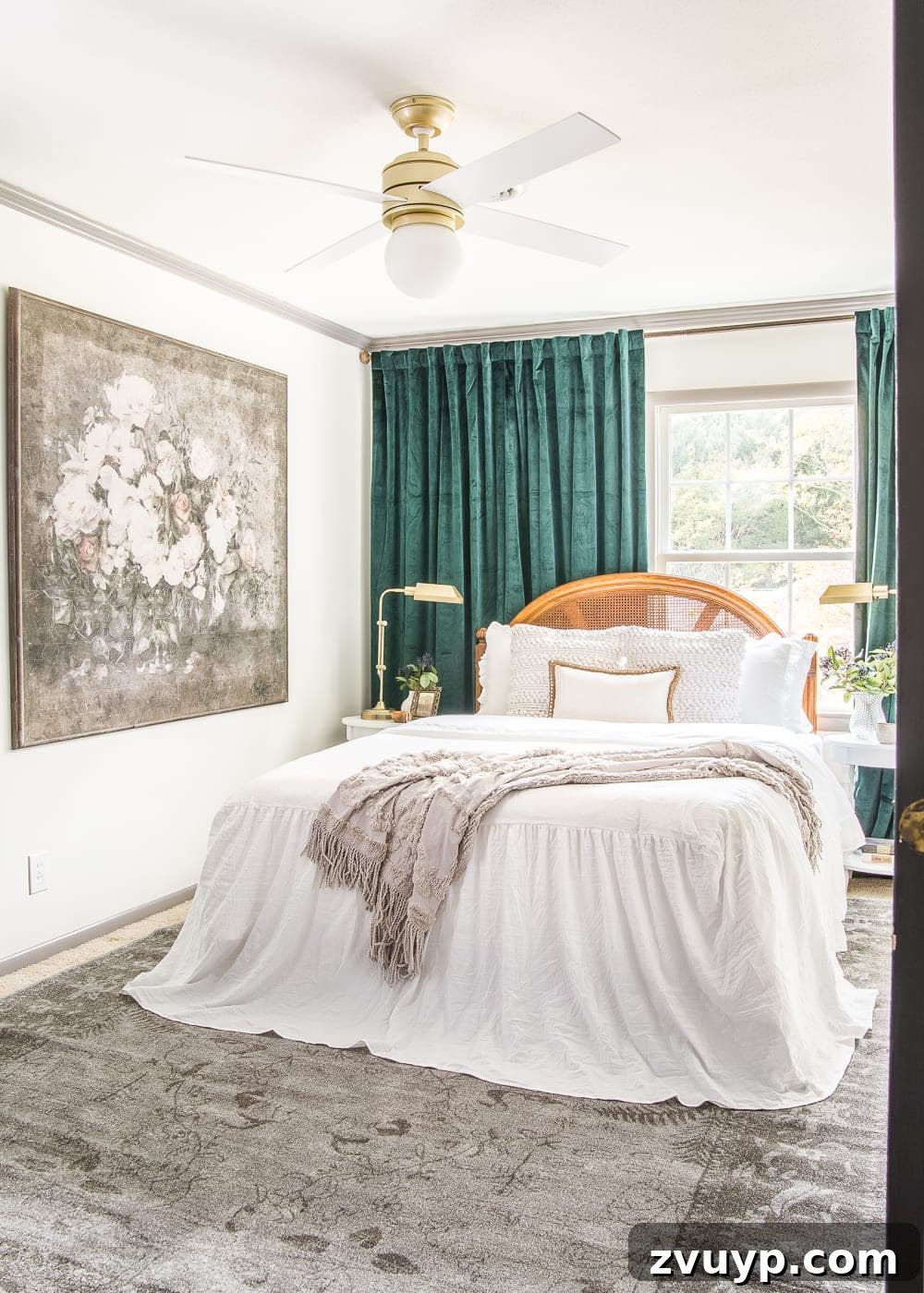 A boring guest bedroom gets a luxe, vintage chic makeover using thrifty projects, budget finds, and simple decorating tricks to maximize style and space. Final elegant shot of the completed vintage chic guest bedroom.