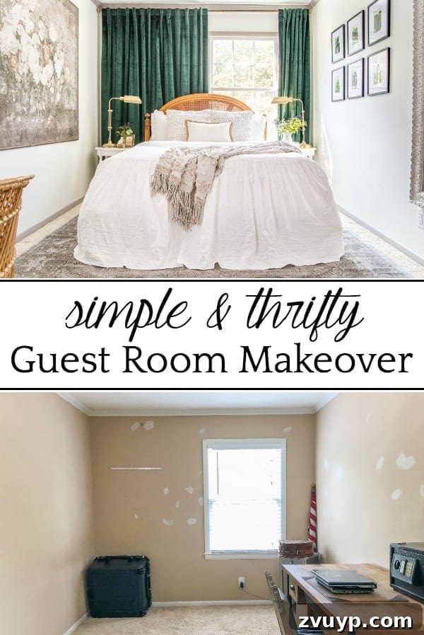 A boring guest bedroom gets a luxe, vintage chic makeover using thrifty projects, budget finds, and simple decorating tricks to maximize style and space. Pinterest image for simple thrifty guest bedroom makeover.