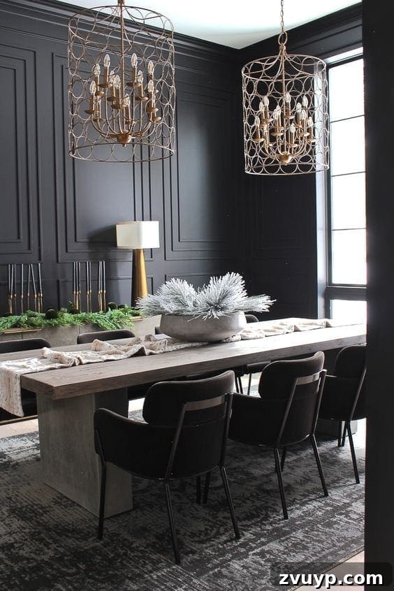 Black Paint: A Bold Design Statement 2 Elegant black dining room with rich leather chairs and metallic accents