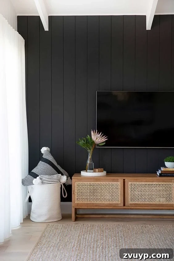 Black Paint: A Bold Design Statement 18 Dramatic black accent wall in a living room highlighting artwork