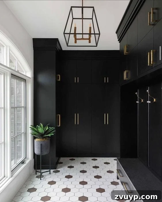 Black Paint: A Bold Design Statement 9 Sophisticated black kitchen with gold hardware and subway tile
